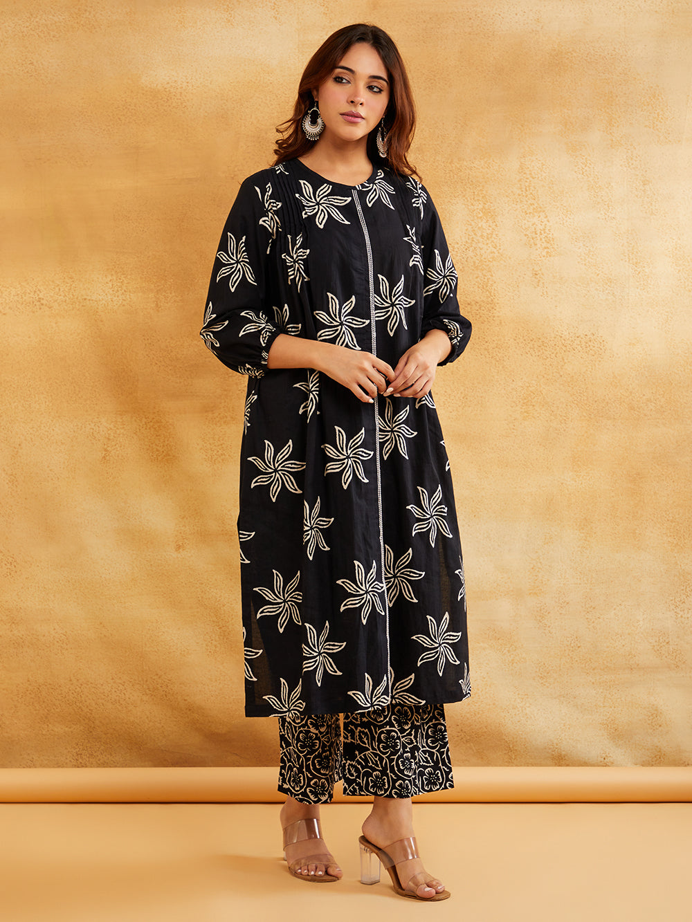 Black Block Printed Straight Front Pleated Kurta with Palazzo - Set of 2
