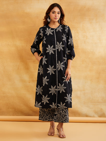 Black Block Printed Straight Front Pleated Kurta with Palazzo - Set of 2