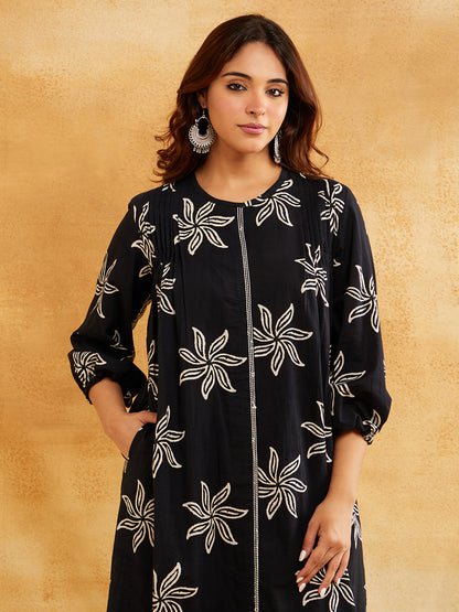 Black Block Printed Straight Front Pleated Kurta with Palazzo - Set of 2