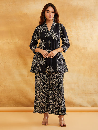 Black Block Printed Peplum Short Kurta with Palazzo - Set of 2