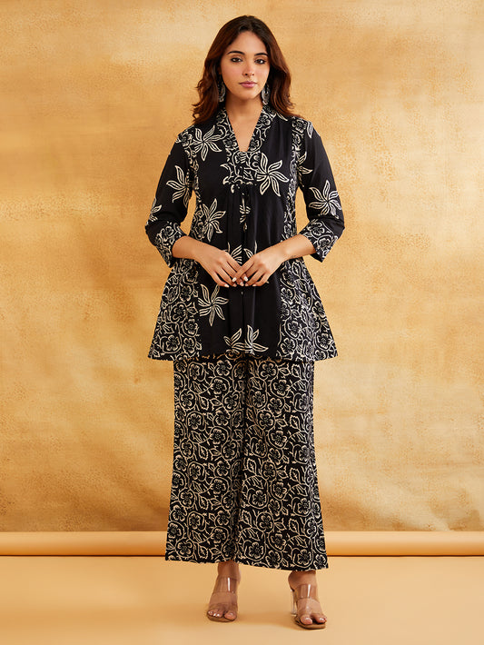 Black Block Printed Cotton Palazzo