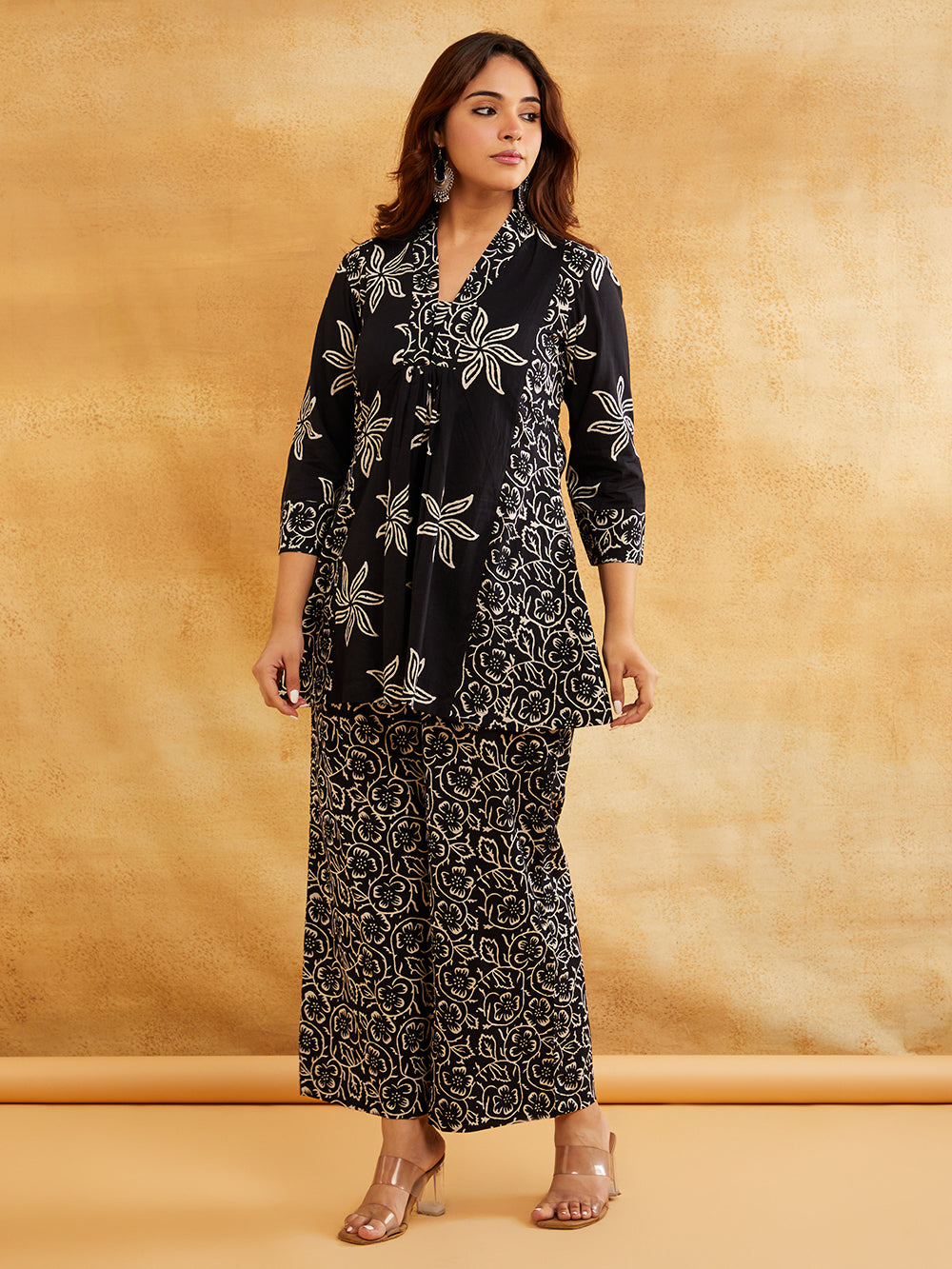 Black Block Printed Peplum Short Kurta with Palazzo - Set of 2