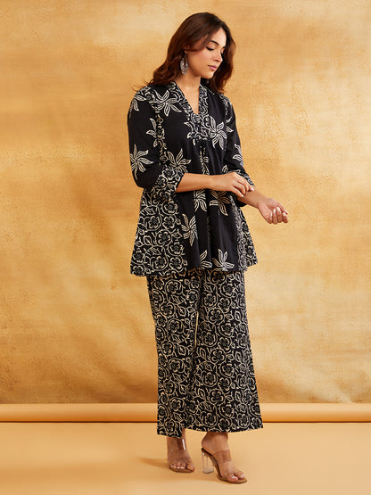 Black Block Printed Peplum Short Kurta with Palazzo - Set of 2