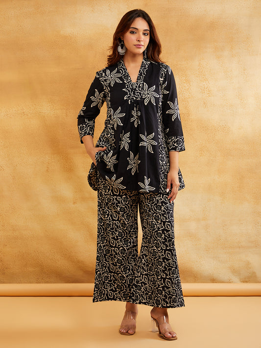 Black Block Printed Peplum Short Kurta with Palazzo - Set of 2