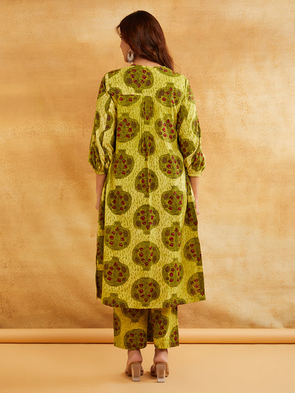 Yellow Block Printed Straight Front Pleated Kurta with Palazzo - Set of 2