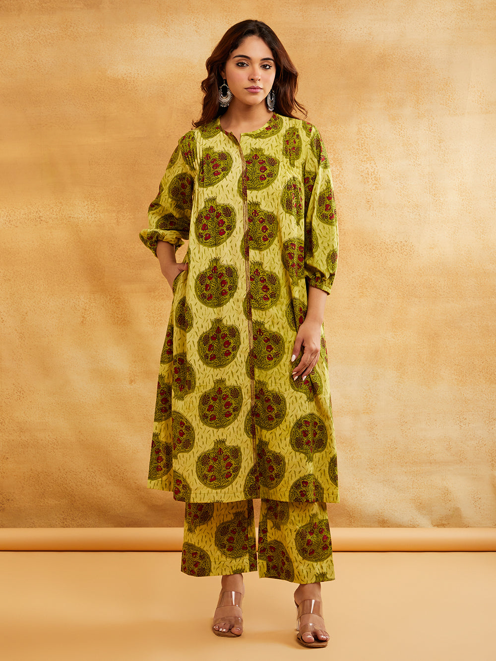 Yellow Block Printed Straight Front Pleated Kurta with Palazzo - Set of 2