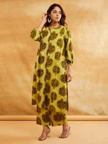 Yellow Block Printed Straight Front Pleated Kurta with Palazzo - Set of 2