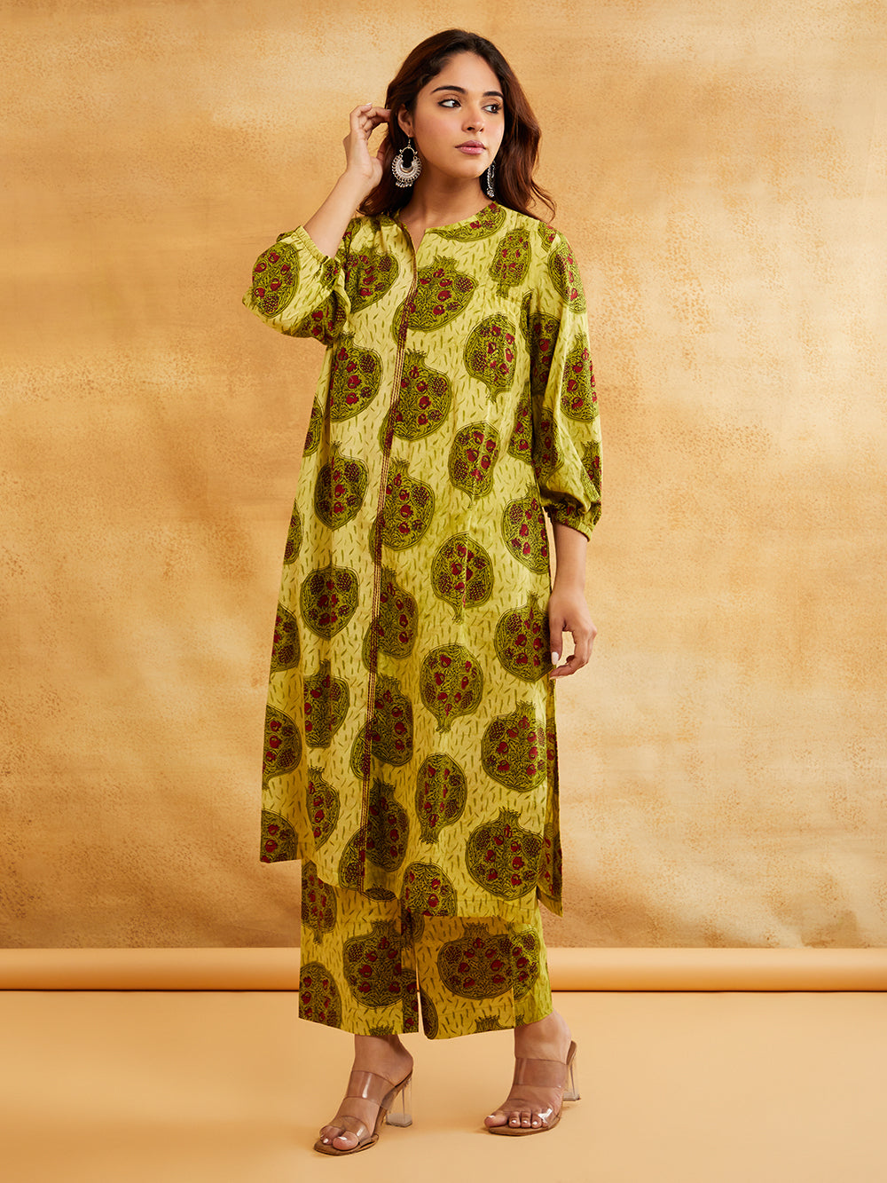 Yellow Block Printed Straight Front Pleated Kurta