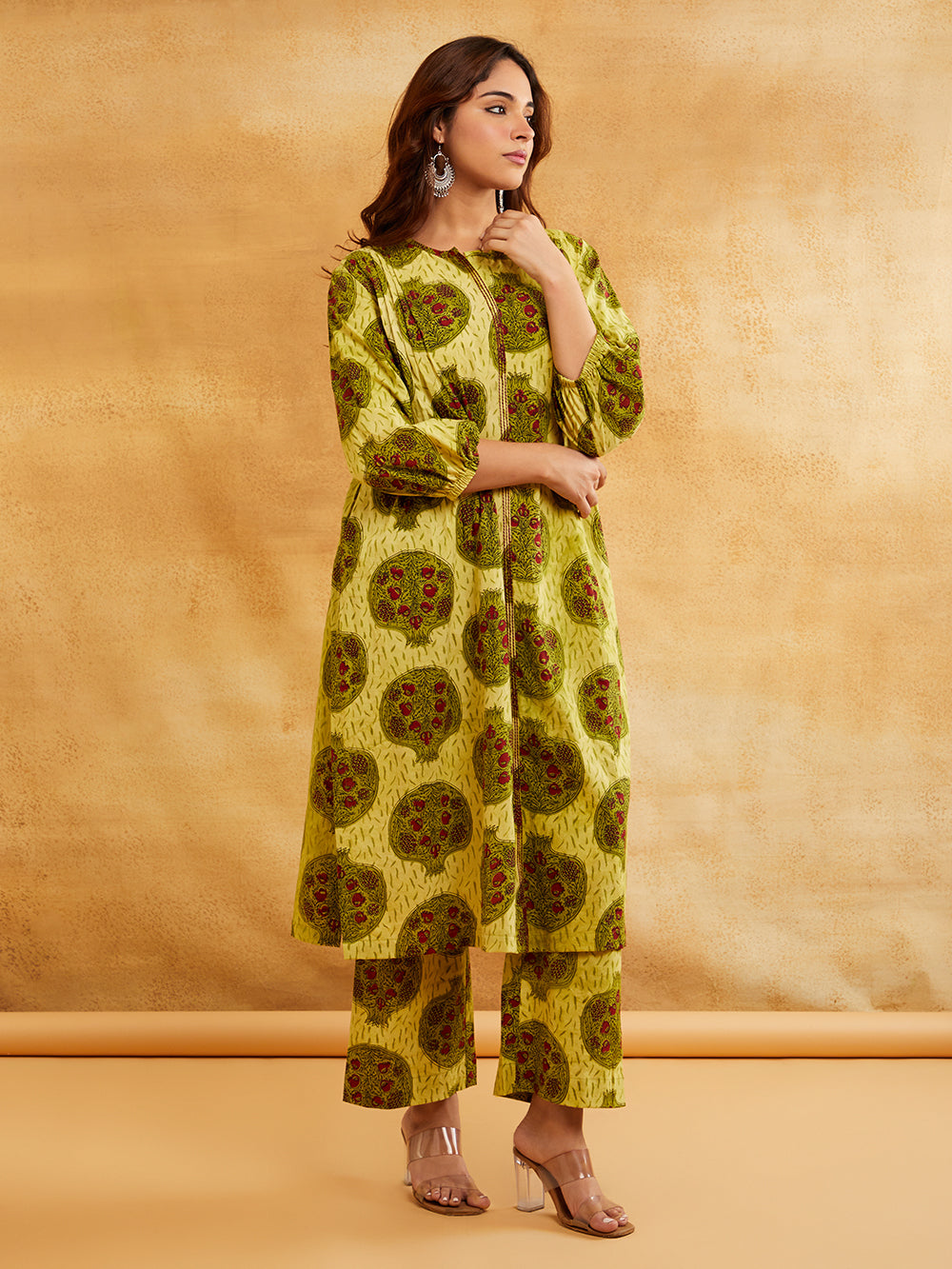 Yellow Block Printed Straight Front Pleated Kurta with Palazzo - Set of 2