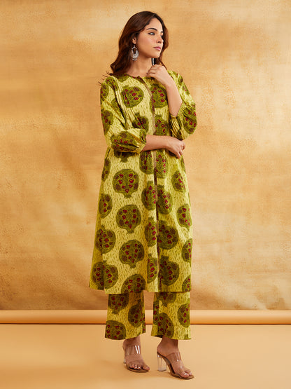 Yellow Block Printed Straight Front Pleated Kurta with Palazzo - Set of 2