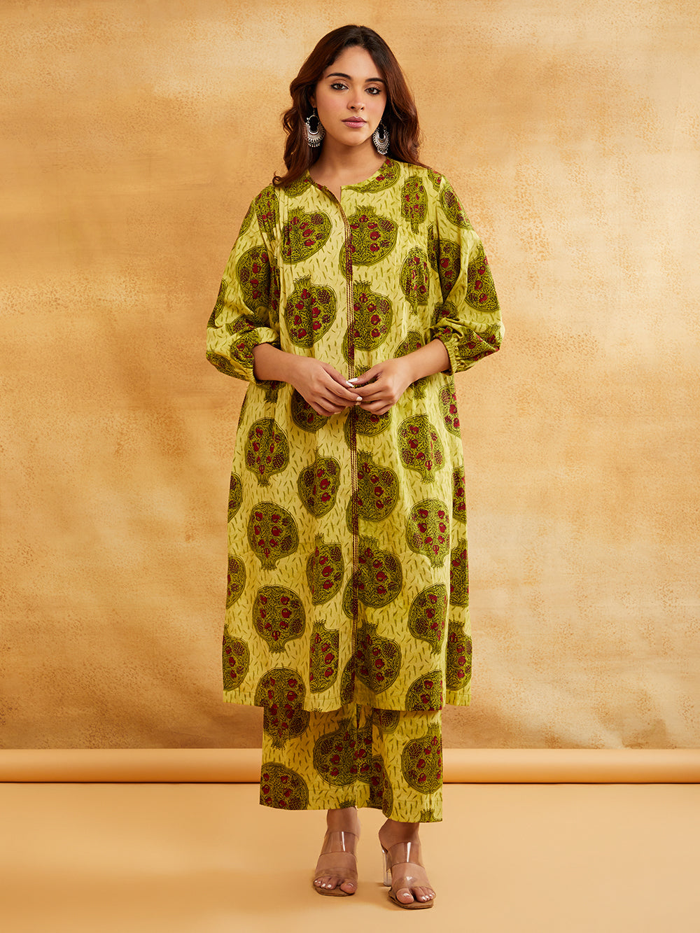 Yellow Block Printed Straight Front Pleated Kurta with Palazzo - Set of 2