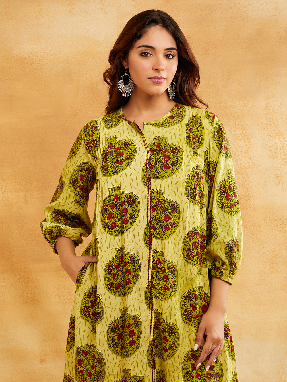 Yellow Block Printed Straight Front Pleated Kurta