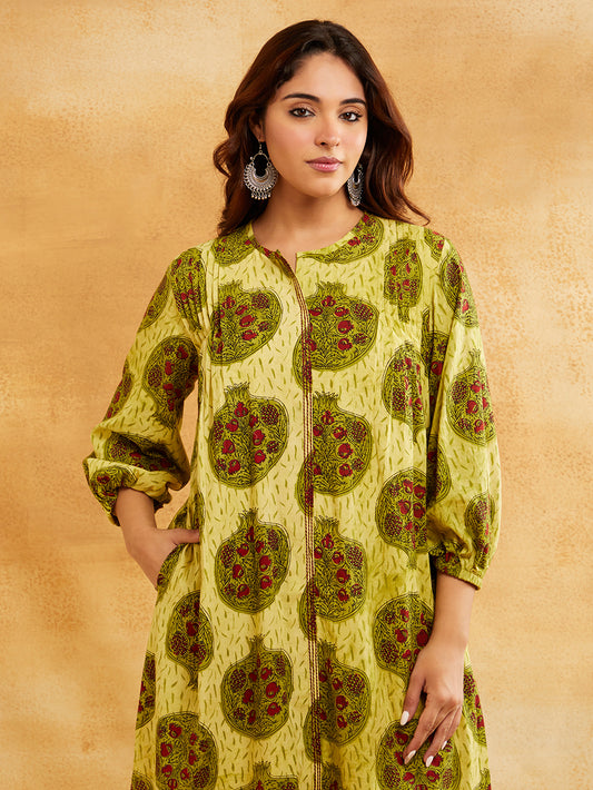 Yellow Block Printed Straight Front Pleated Kurta