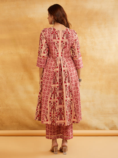Pink Block Printed A-Line Embellished Kurta