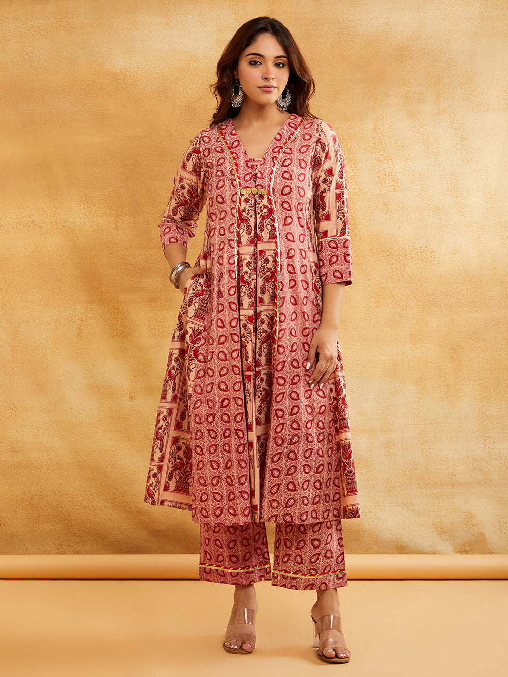 Pink Block Printed A-Line Embellished Kurta with Pants - Set of 2
