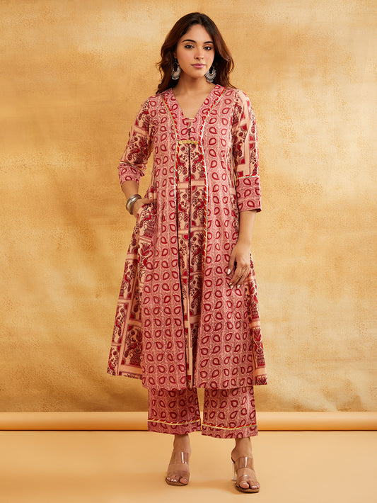 Pink Block Printed A-Line Embellished Kurta with Pants - Set of 2