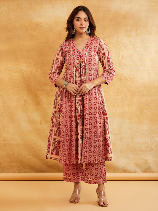 Pink Block Printed A-Line Embellished Kurta with Pants - Set of 2