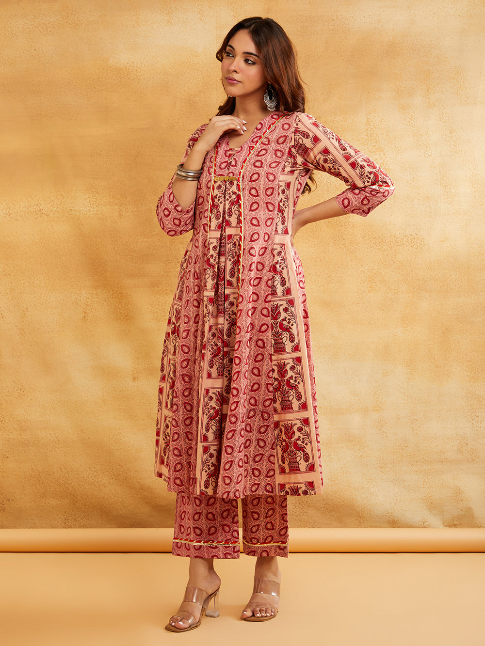 Pink Block Printed A-Line Embellished Kurta with Pants - Set of 2