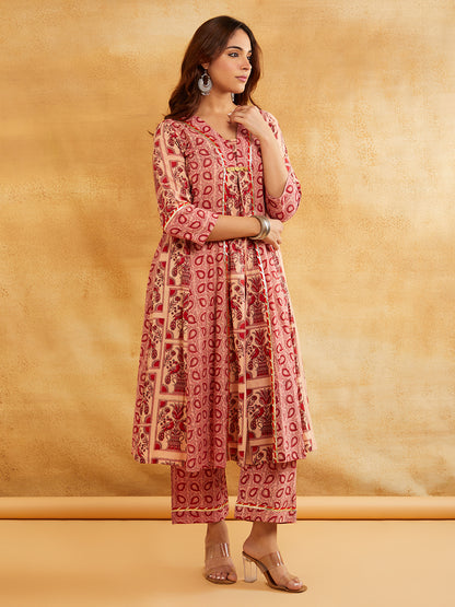 Pink Block Printed A-Line Embellished Kurta with Pants - Set of 2