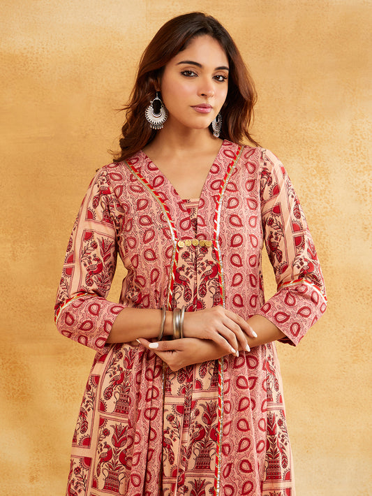 Pink Block Printed A-Line Embellished Kurta
