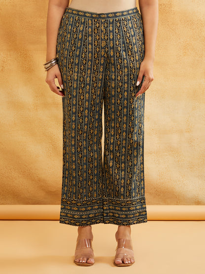 Blue Block Printed Cotton Pants