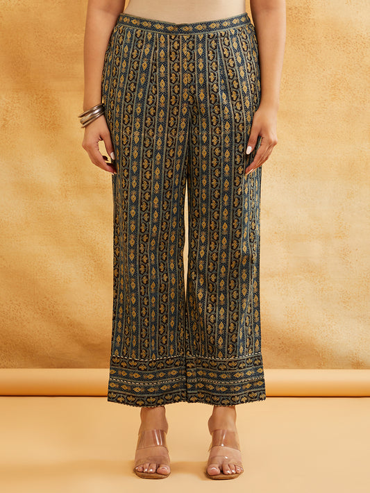 Blue Block Printed Cotton Pants
