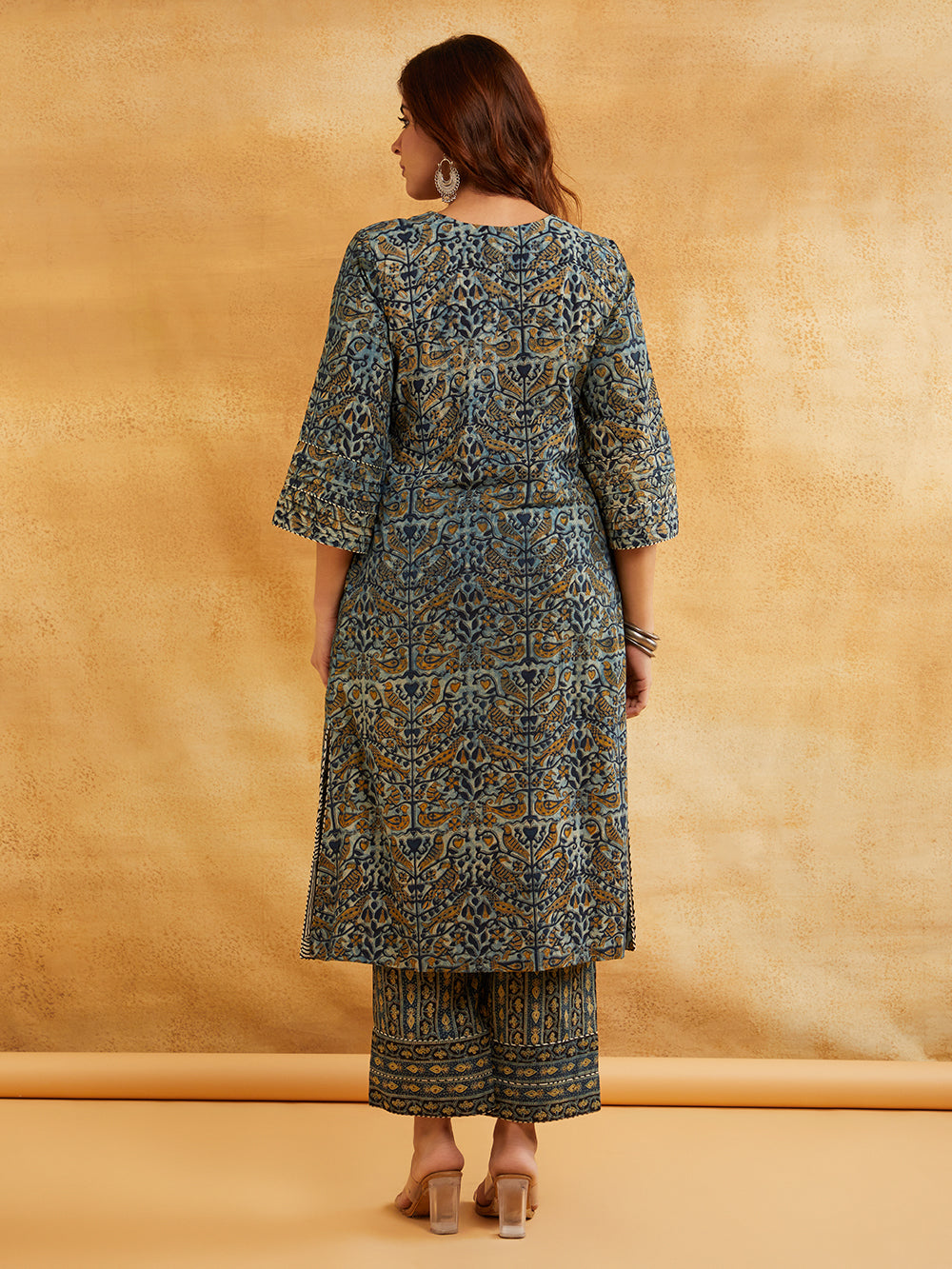 Blue Block Printed A-line Piping Detailing Kurta with Pants - Set of 2