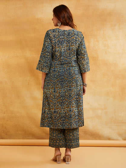 Blue Block Printed A-line Piping Detailing Kurta with Pants - Set of 2