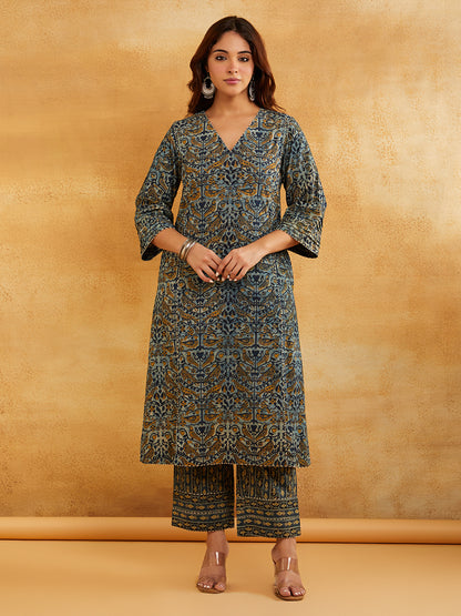 Blue Block Printed A-line Piping Detailing Kurta