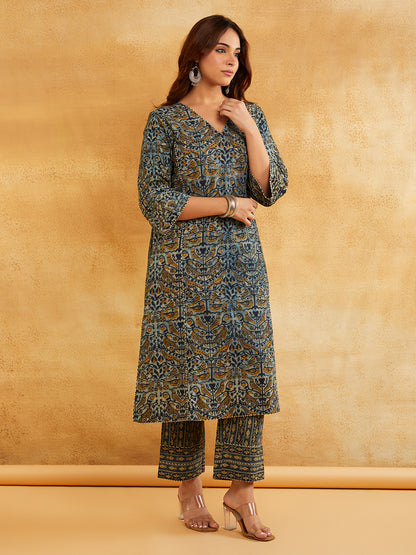 Blue Block Printed A-line Piping Detailing Kurta
