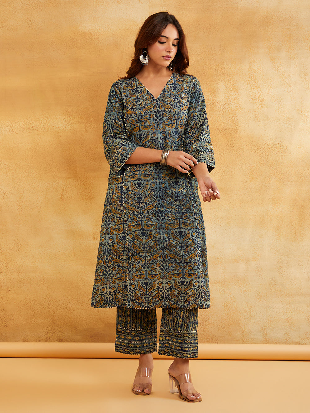 Blue Block Printed A-line Piping Detailing Kurta with Pants - Set of 2