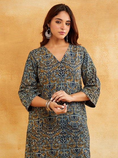 Blue Block Printed A-line Piping Detailing Kurta