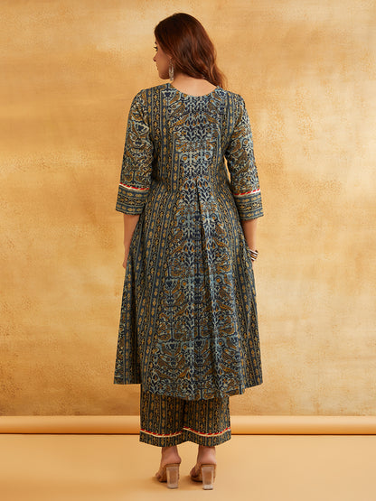 Blue Block Printed A-Line Embellished Kurta