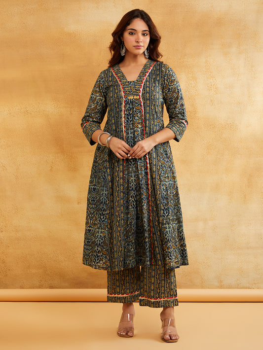 Blue Block Printed A-Line Embellished Kurta