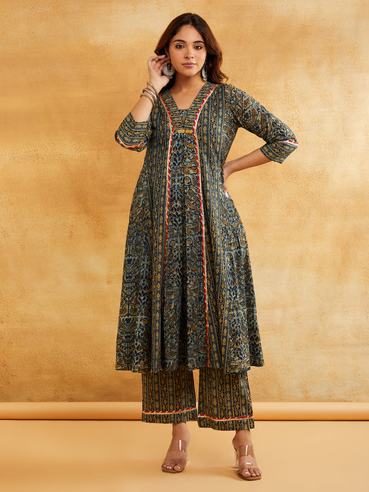 Blue Block Printed A-Line Embellished Kurta