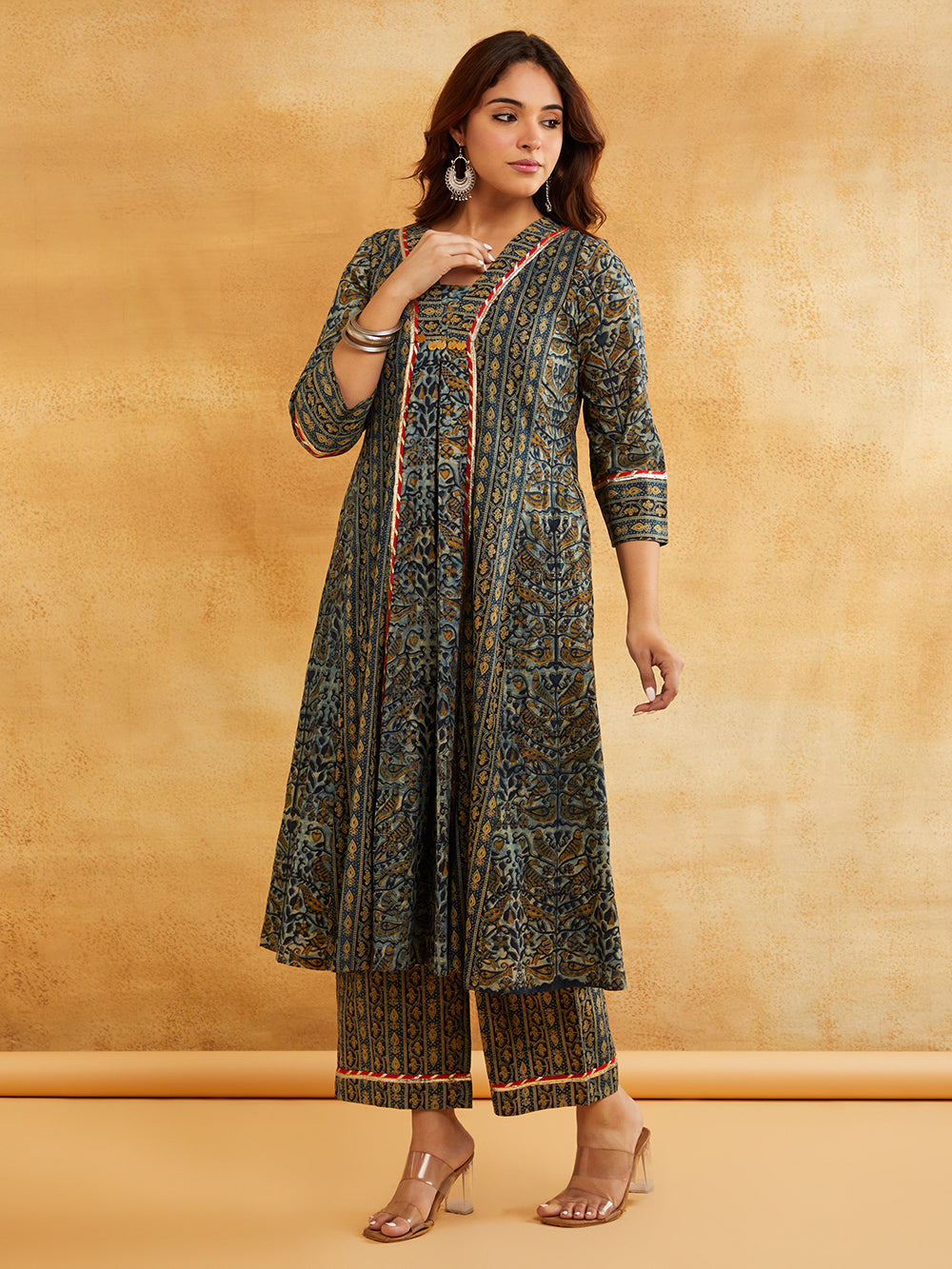Blue Block Printed A-Line Embellished Kurta