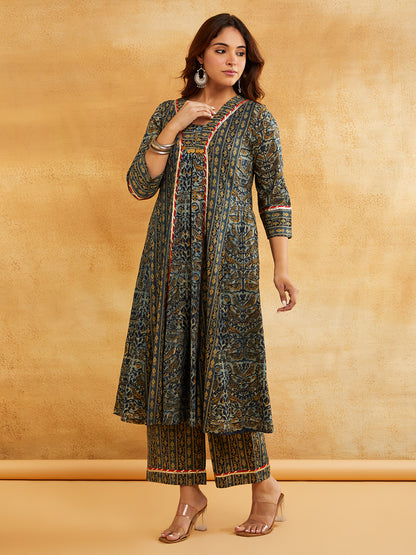 Blue Block Printed A-Line Embellished Kurta