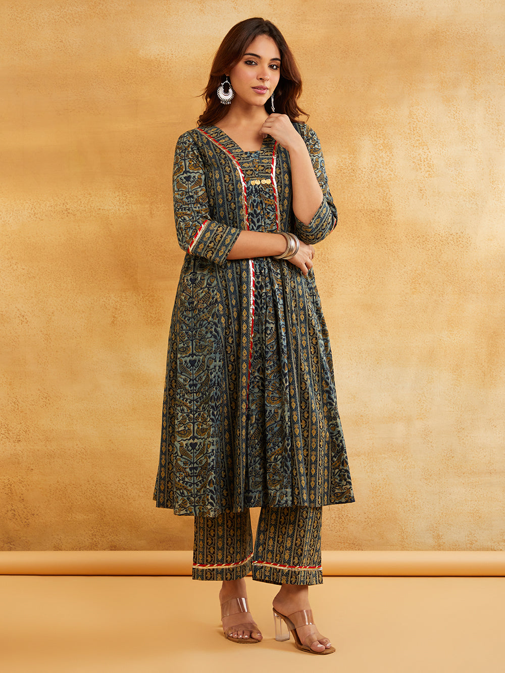 Blue Block Printed A-Line Embellished Kurta