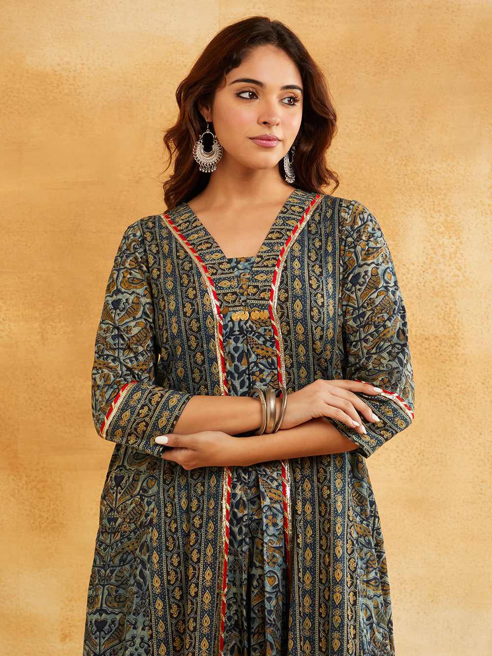 Blue Block Printed A-Line Embellished Kurta