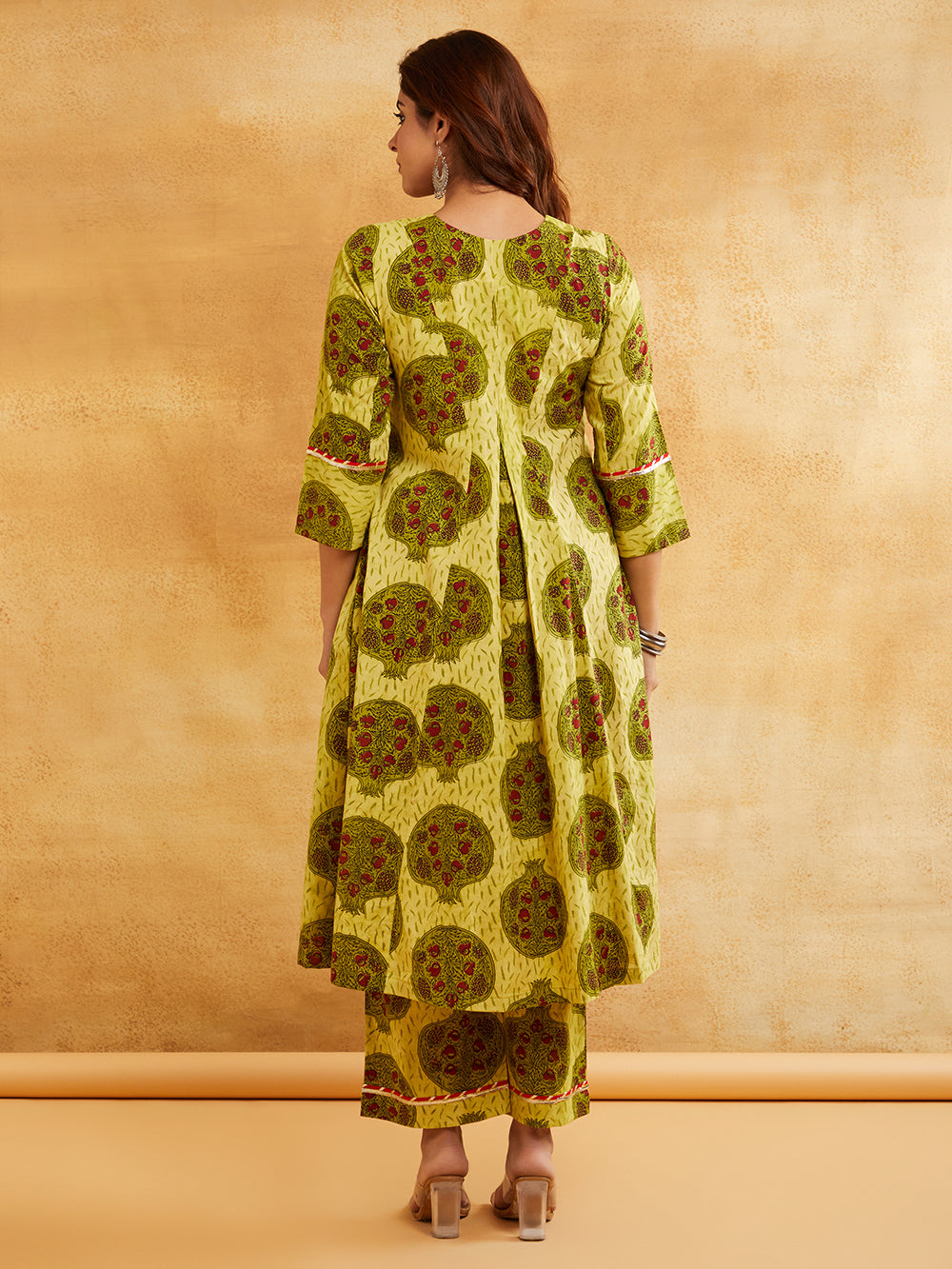 Yellow Block Printed A-Line Embellished Kurta