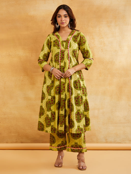 Yellow Block Printed A-Line Embellished Kurta with Pants - Set of 2