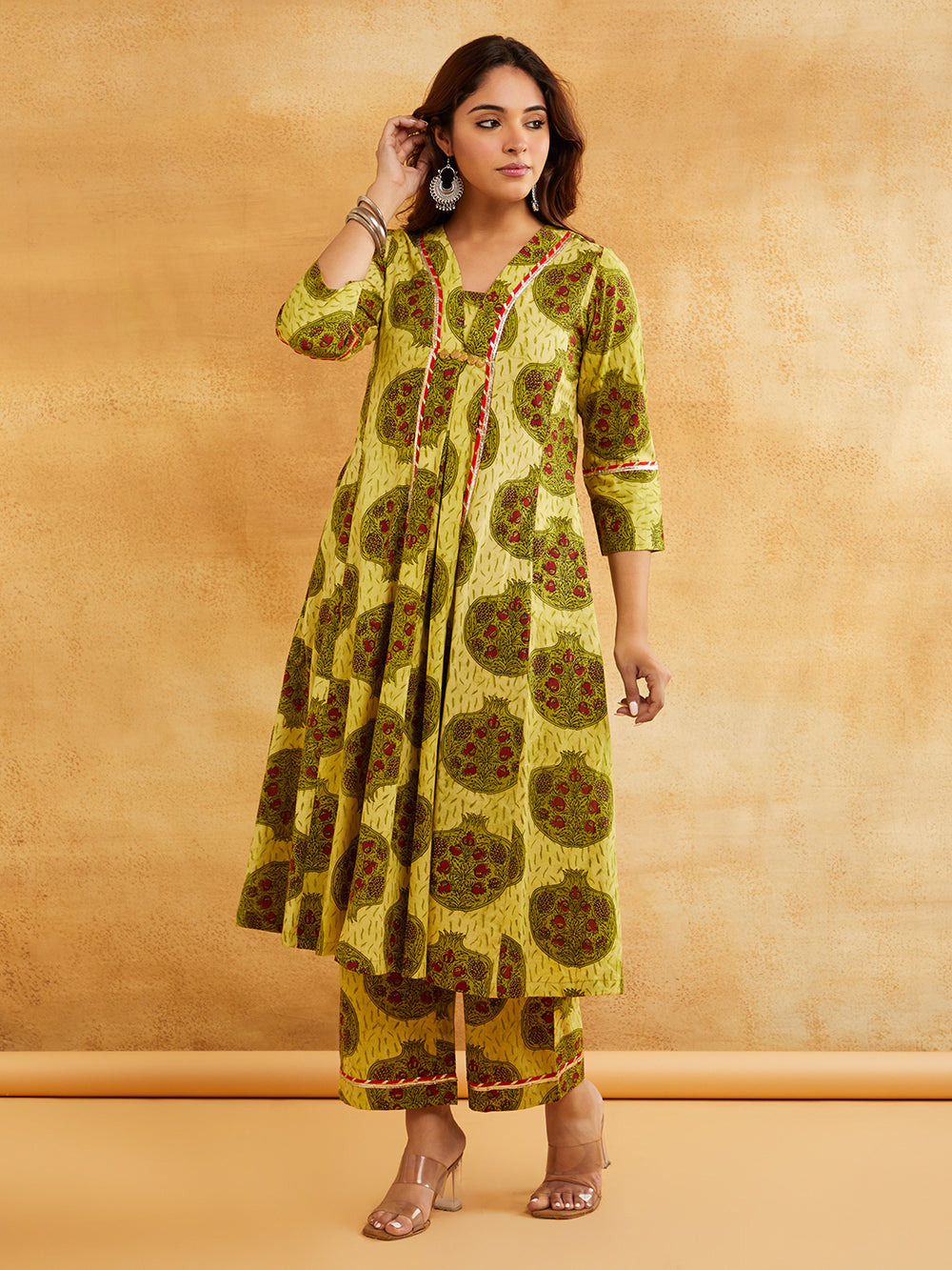 Yellow Block Printed A-Line Embellished Kurta with Pants - Set of 2