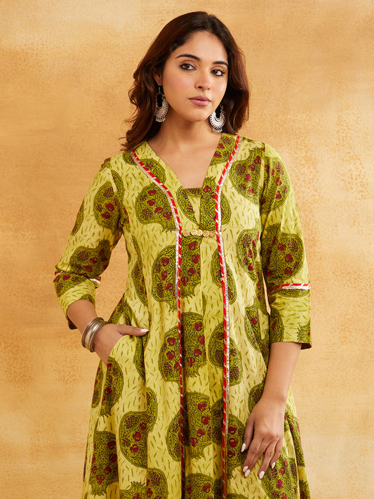 Yellow Block Printed A-Line Embellished Kurta with Pants - Set of 2
