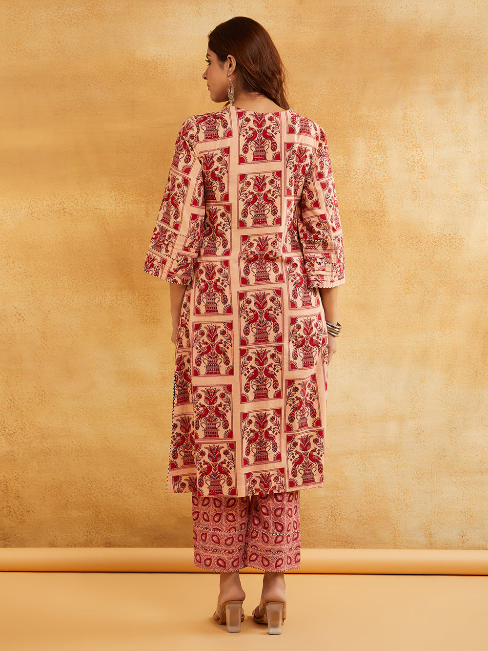 Pink Block Printed A-line Piping Detailing Kurta