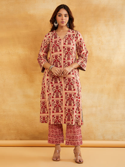 Pink Block Printed A-line Piping Detailing Kurta