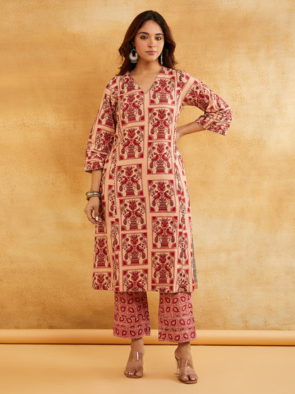 Pink Block Printed A-line Piping Detailing Kurta