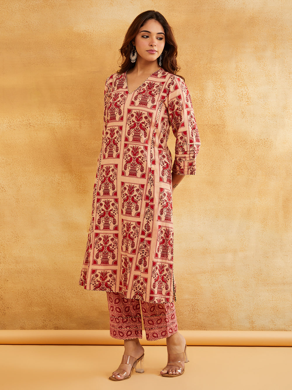 Pink Block Printed A-line Piping Detailing Kurta with Pants - Set of 2