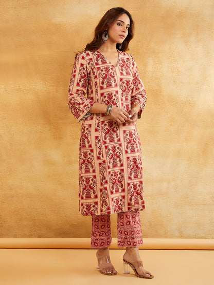 Pink Block Printed A-line Piping Detailing Kurta with Pants - Set of 2