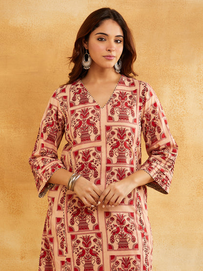 Pink Block Printed A-line Piping Detailing Kurta