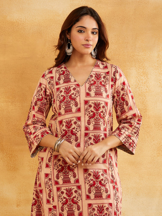 Pink Block Printed A-line Piping Detailing Kurta